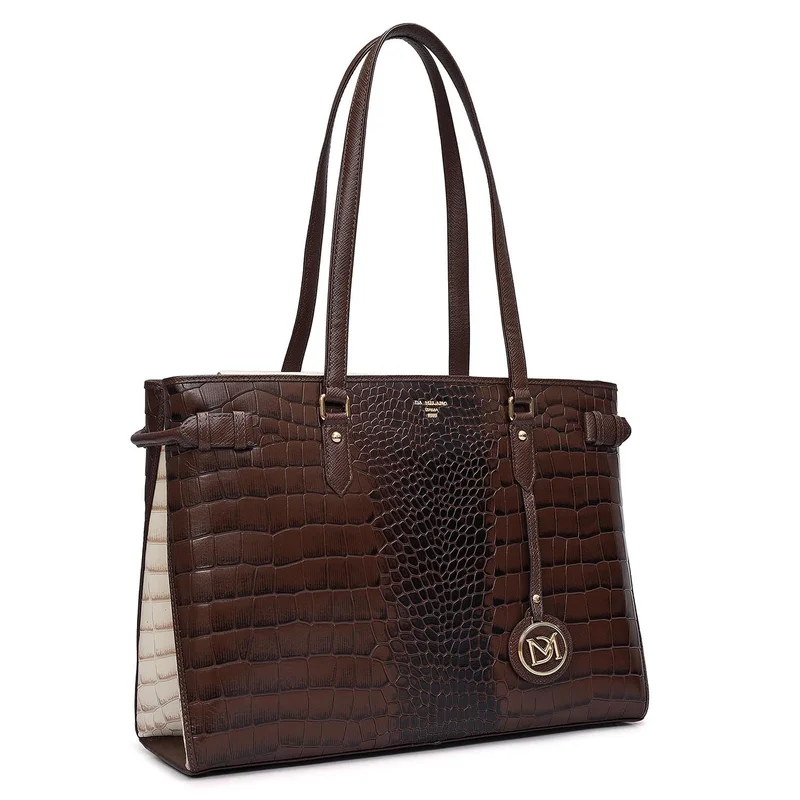 Da Milano Walnut Medium Croco Leather Tote - Walnut for Women | Best Price UAE